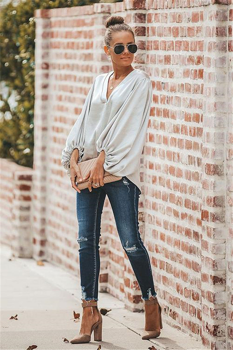 Casual V-neck long sleeve blouse