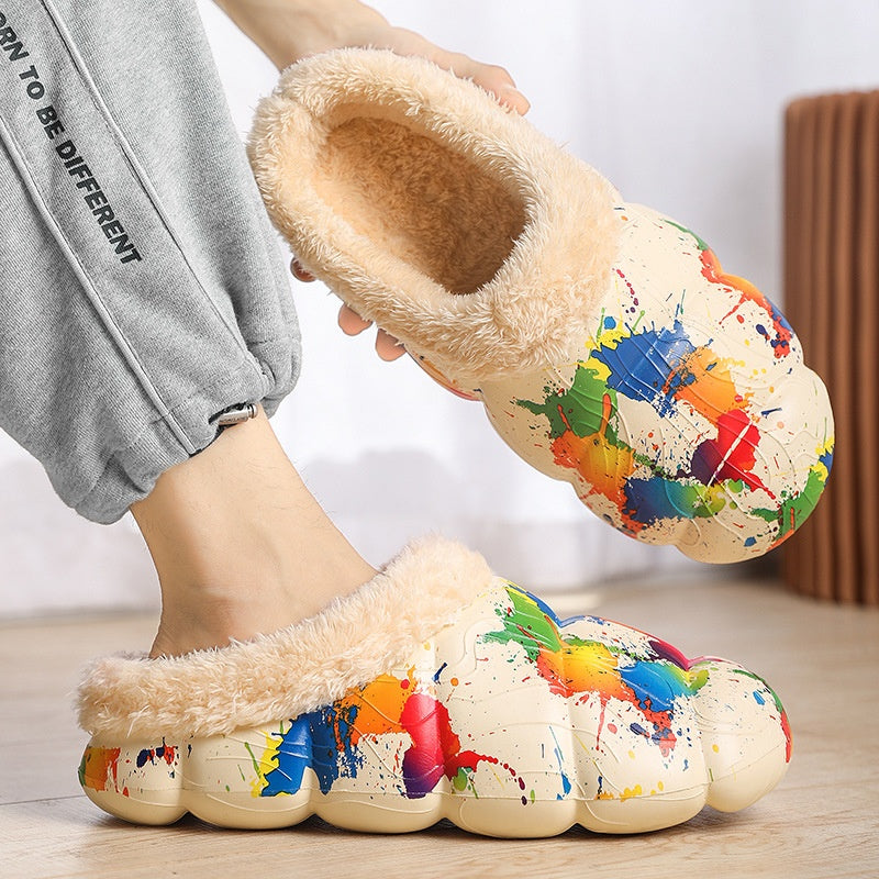 Home Indoor Platform Fleece-lined Contrast Color Cotton Slippers