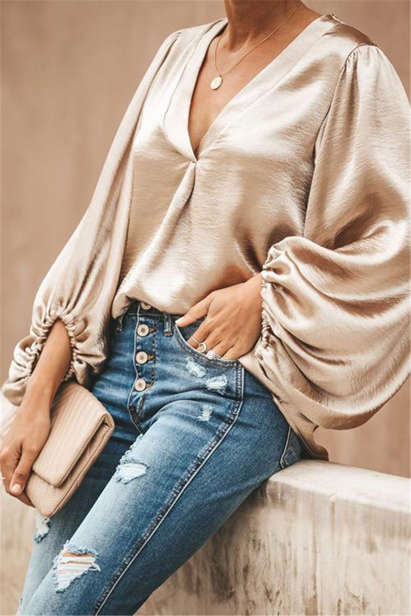 Casual V-neck long sleeve blouse