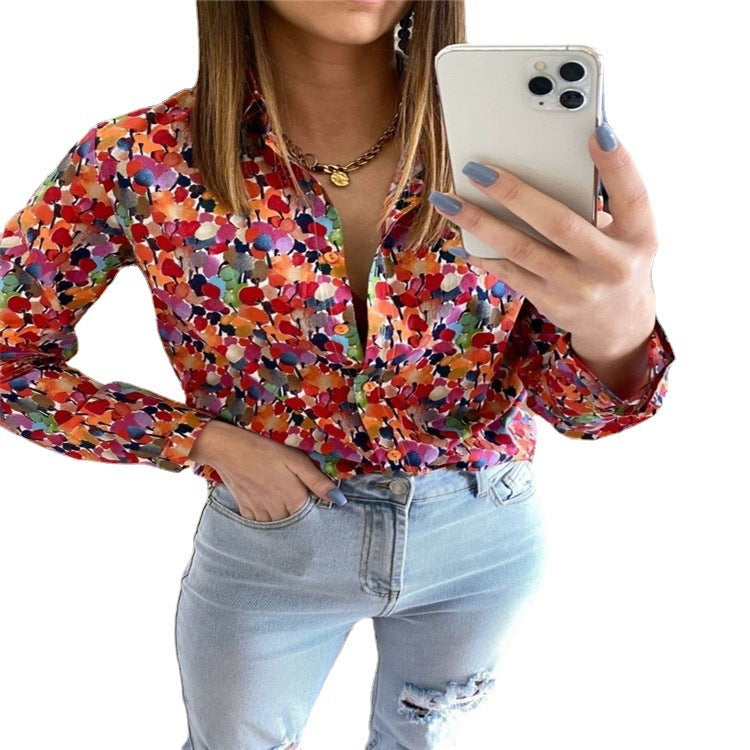 Women's Printed Long Sleeve Top Loose Casual Blouse