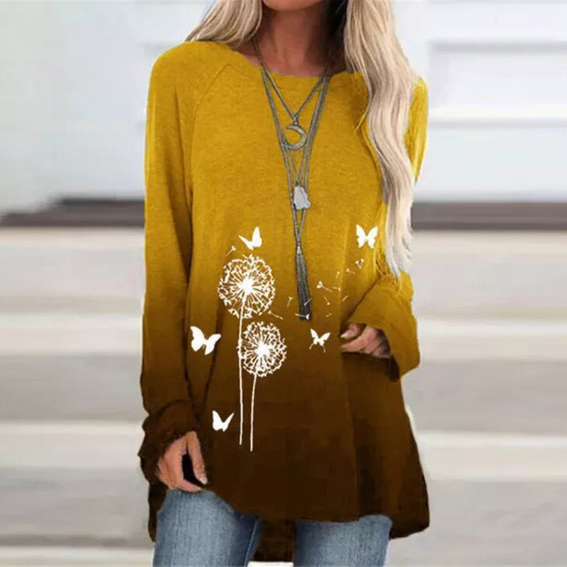 Printed Round Neck Long Sleeve Women's Blouse