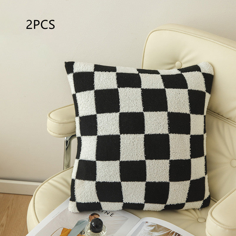 Checkerboard Plaid Plush Knitted Pillowcase