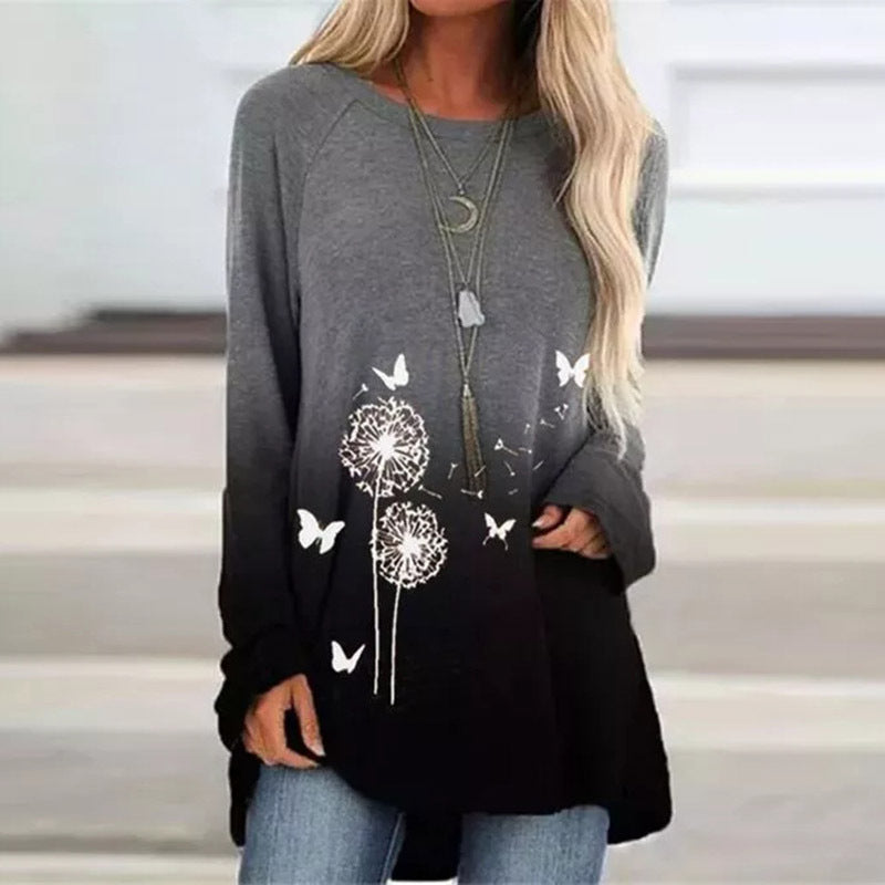 Printed Round Neck Long Sleeve Women's Blouse