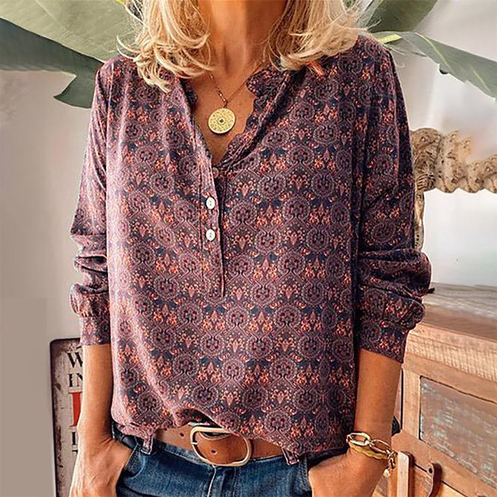 Retro Print Stand Collar Long Sleeve Loose Blouse