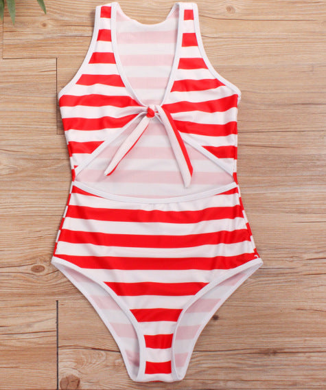 Flattering Front Tie Striped One-Piece in Blue, Red, or Black!