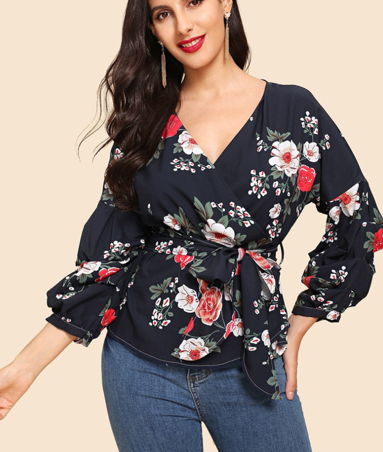 Amazon Explosion Digital Printed Belt Lantern Sleeve Blouse Shirt