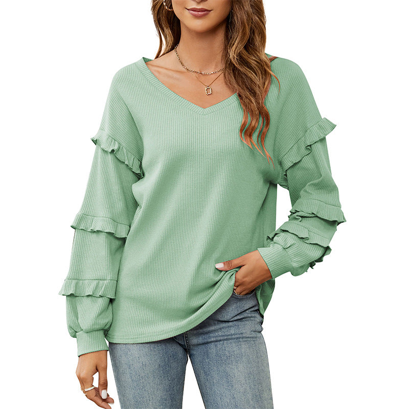 Women's Top Autumn And Winter New Women's Waffle V-neck Flounce Top