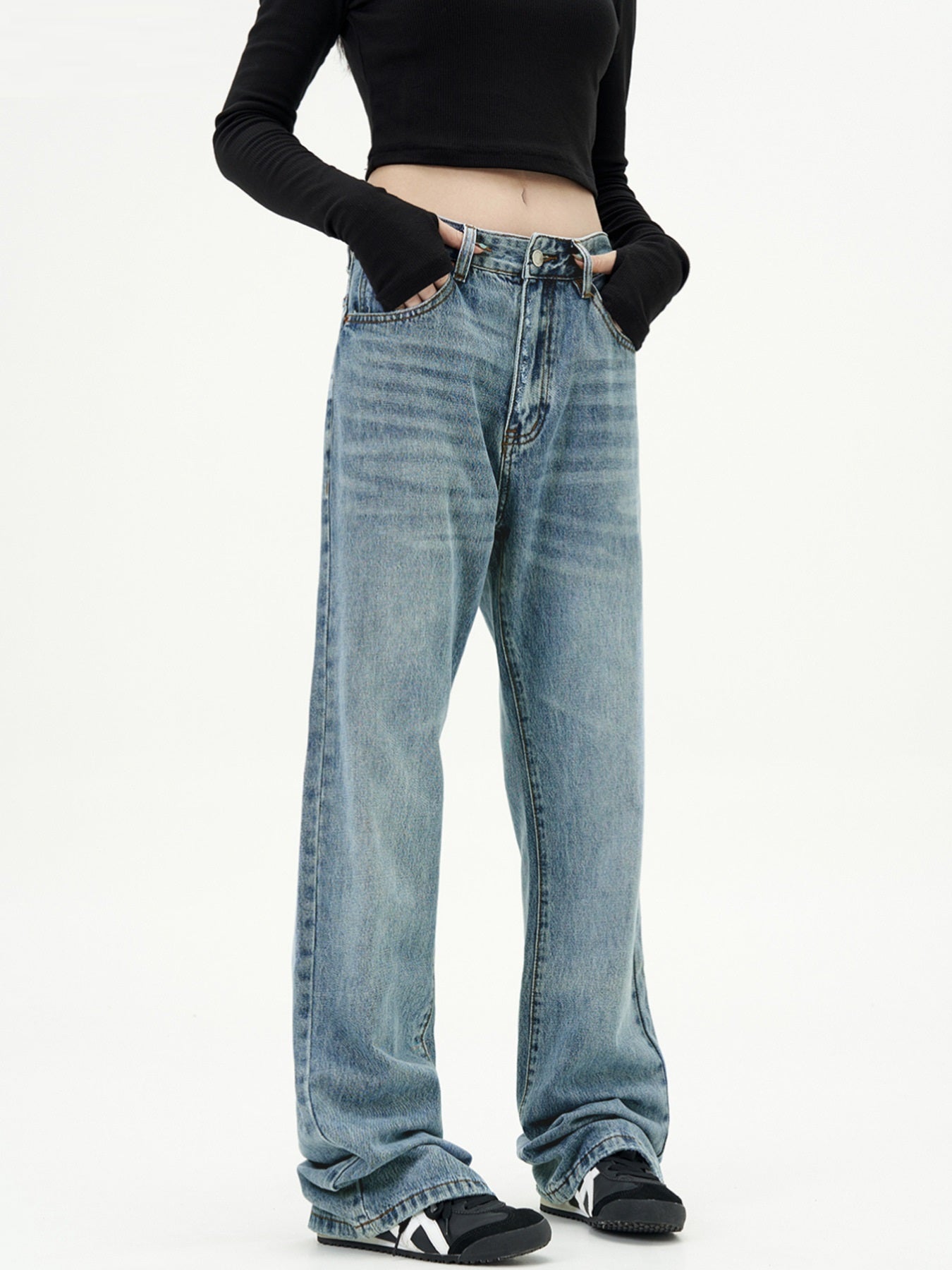 Simple Blue Jeans Straight American Basic Retro