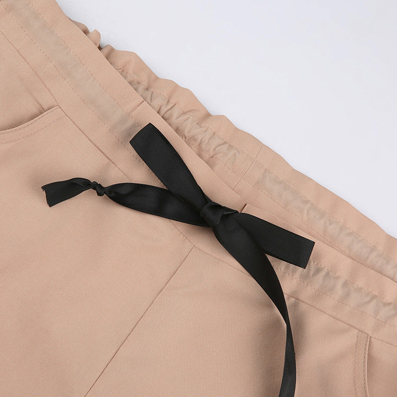 Khaki Sweet Cool Sexy Zipper Pocket Stitching Tied Casual Pants High Waist Loose Contrast Color Woven Pants