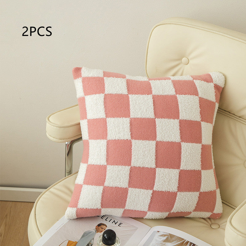 Checkerboard Plaid Plush Knitted Pillowcase