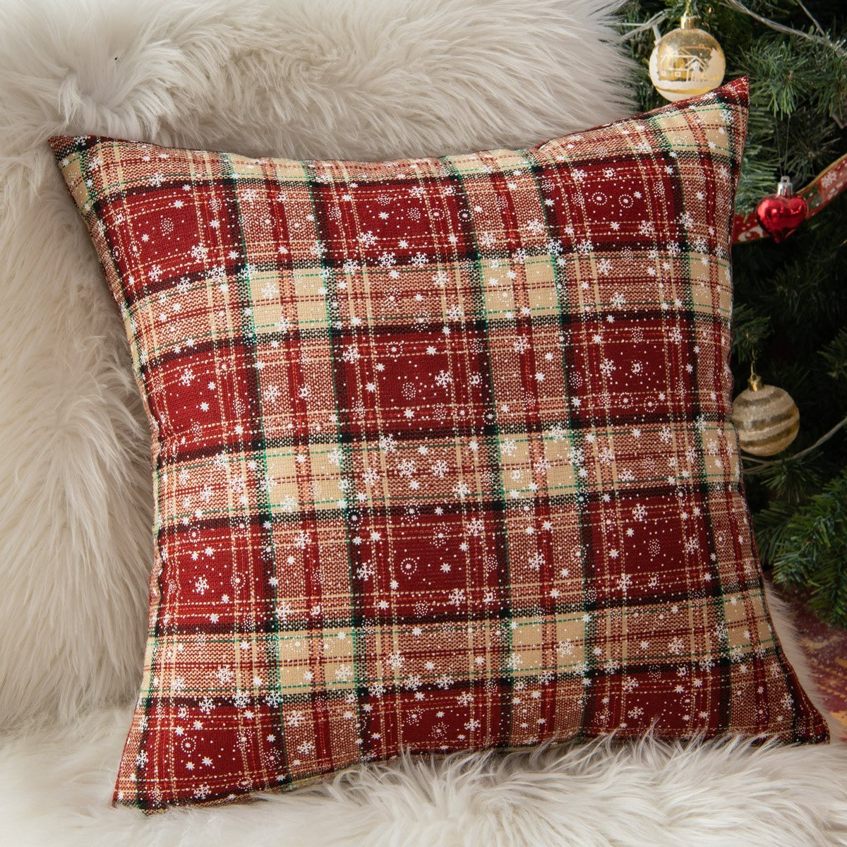 Red Plaid Cotton Throw Pillow Cover