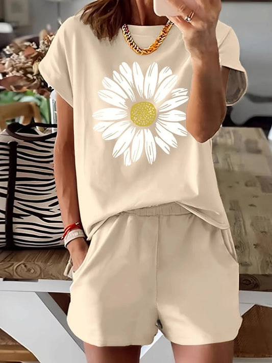 Amalfi apricot daisy short-sleeve top and shorts resort set for women