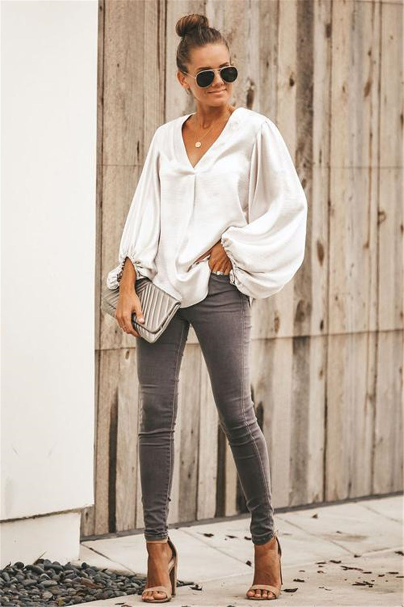 Casual V-neck long sleeve blouse