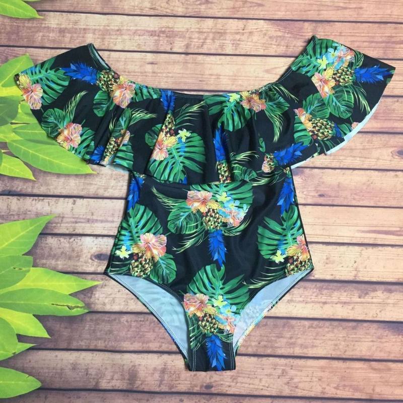 One-shoulder Printed Lotus Leaf Swimsuit Off-shoulder Triangle One-piece Swimsuit