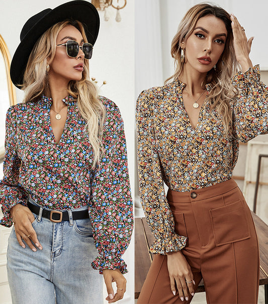 Notch Neck Puff Sleeve Ditsy Floral Blouse