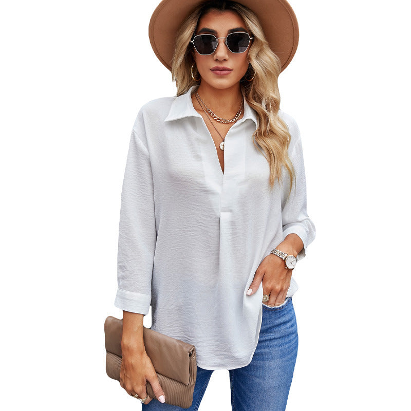 Polo Collar Solid Color Chiffon Blouse Women's Long Sleeve Loose Top