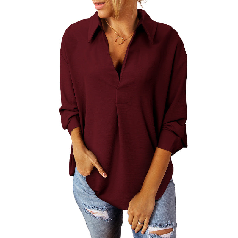 Polo Collar Solid Color Chiffon Blouse Women's Long Sleeve Loose Top