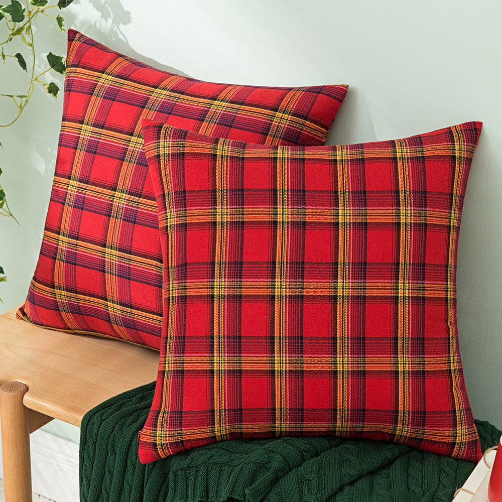 Red Plaid Cotton Throw Pillow Cover