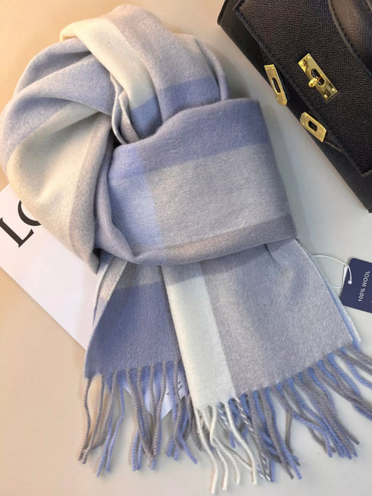 Aspen azure oversized plaid fringe scarf for women