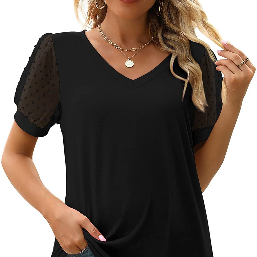 Women's Fashion Solid Color V-neck Mesh Bubble Sleeve Blouse