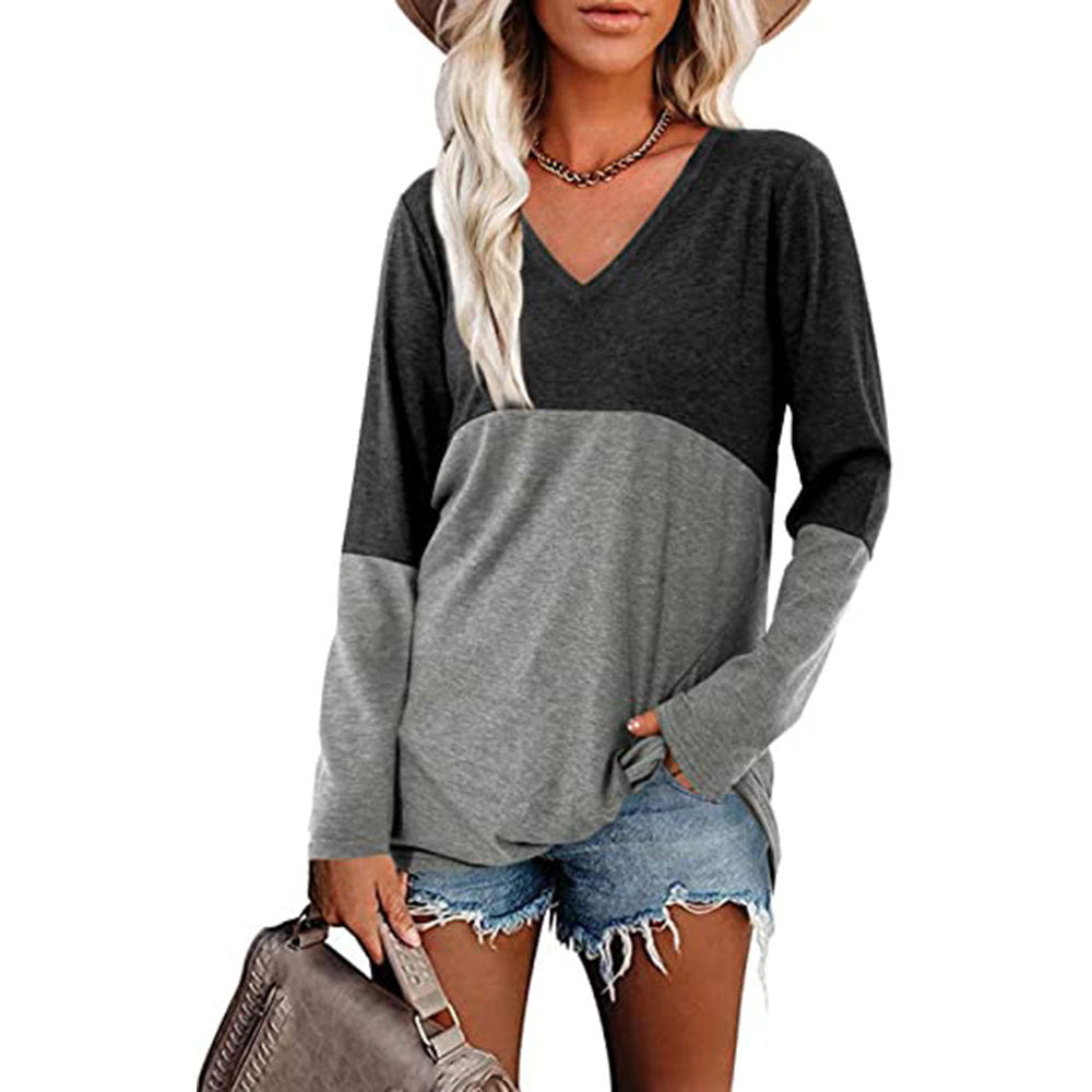 Contrast Panel V-Neck Long Sleeve Loose Blouse