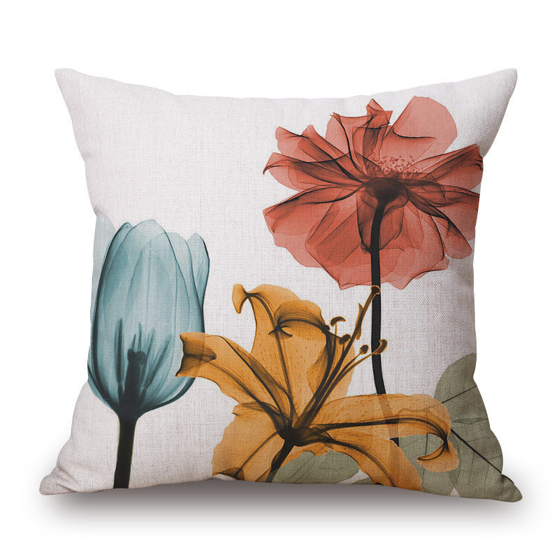 Ink Painting Flower Linen Pillowcase Tulips