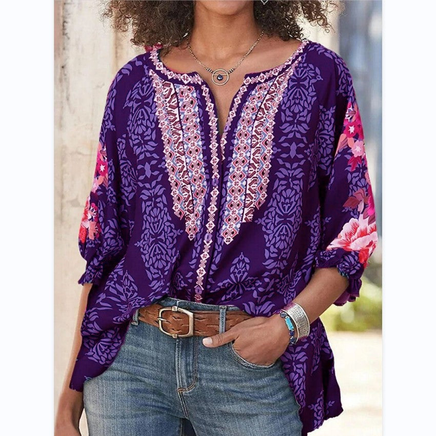 New Round Neck Folk Style Bat Sleeve Vintage Printed Blouse For Women