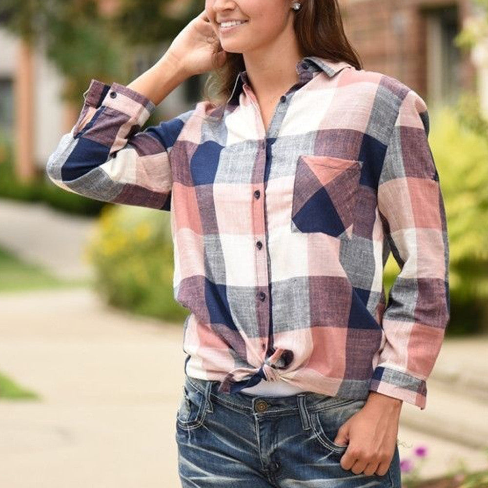 Long-sleeved checked blouse