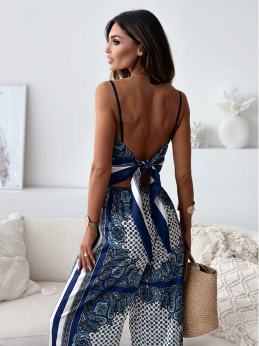 Women’s printed two-piece resort set with cami top and wide-leg pants