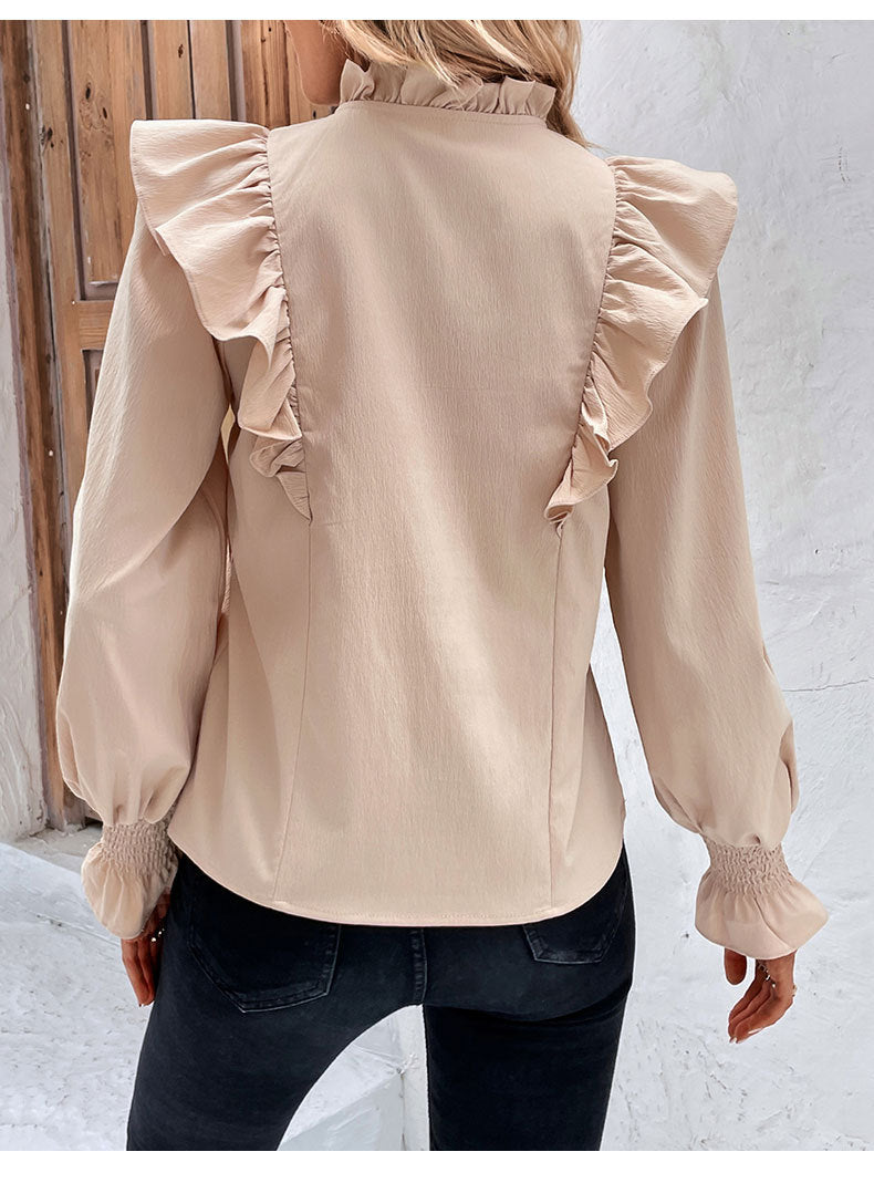 Ruffled Long Sleeve Solid Color Blouse Lady