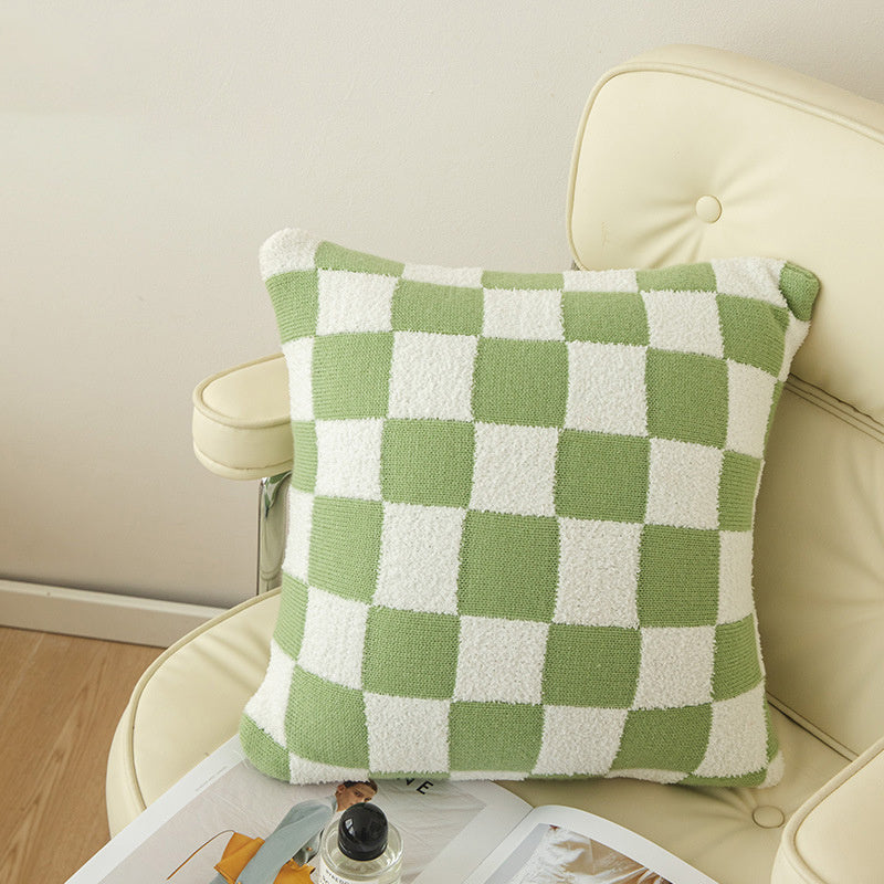 Checkerboard Plaid Plush Knitted Pillowcase