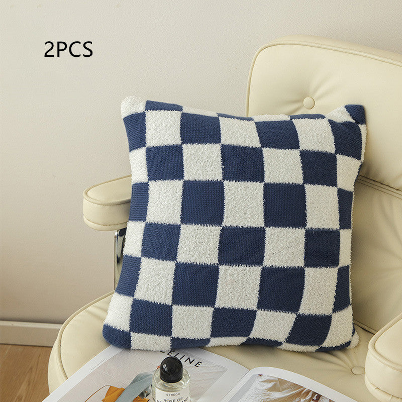 Checkerboard Plaid Plush Knitted Pillowcase