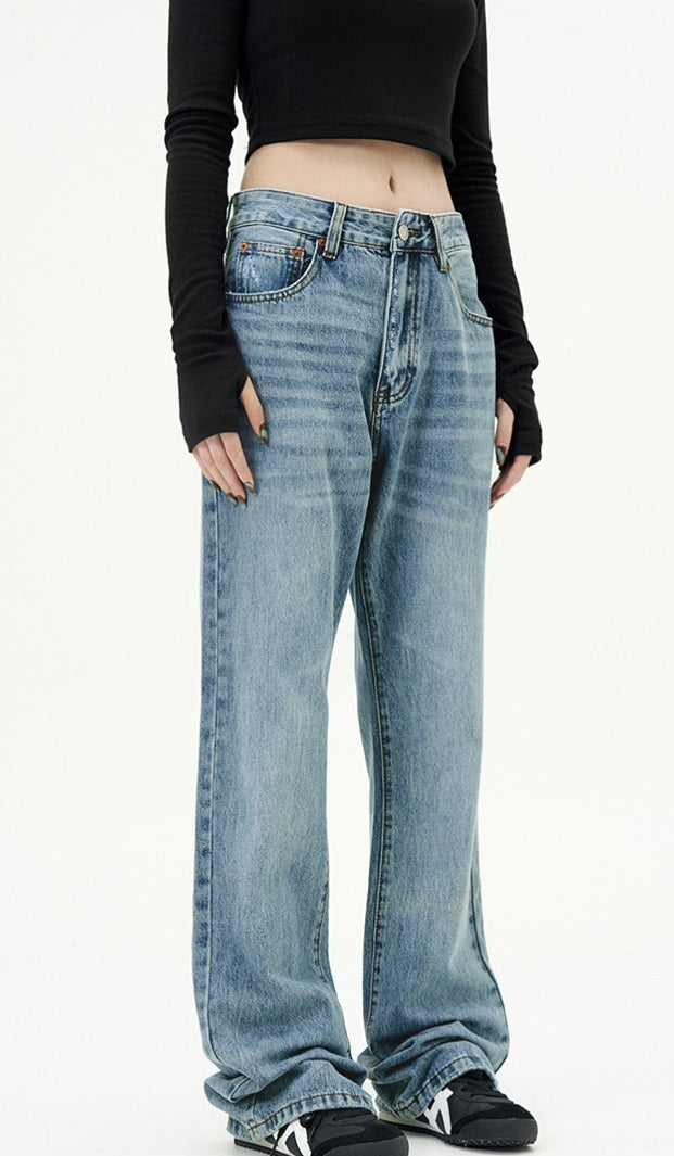 Simple Blue Jeans Straight American Basic Retro