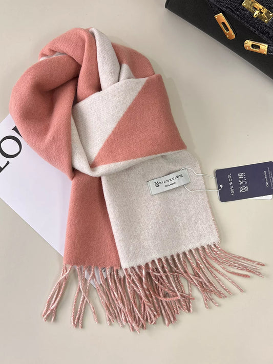 Aspen pink beige color-block fringe wool scarf for women