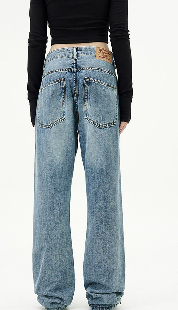 Simple Blue Jeans Straight American Basic Retro