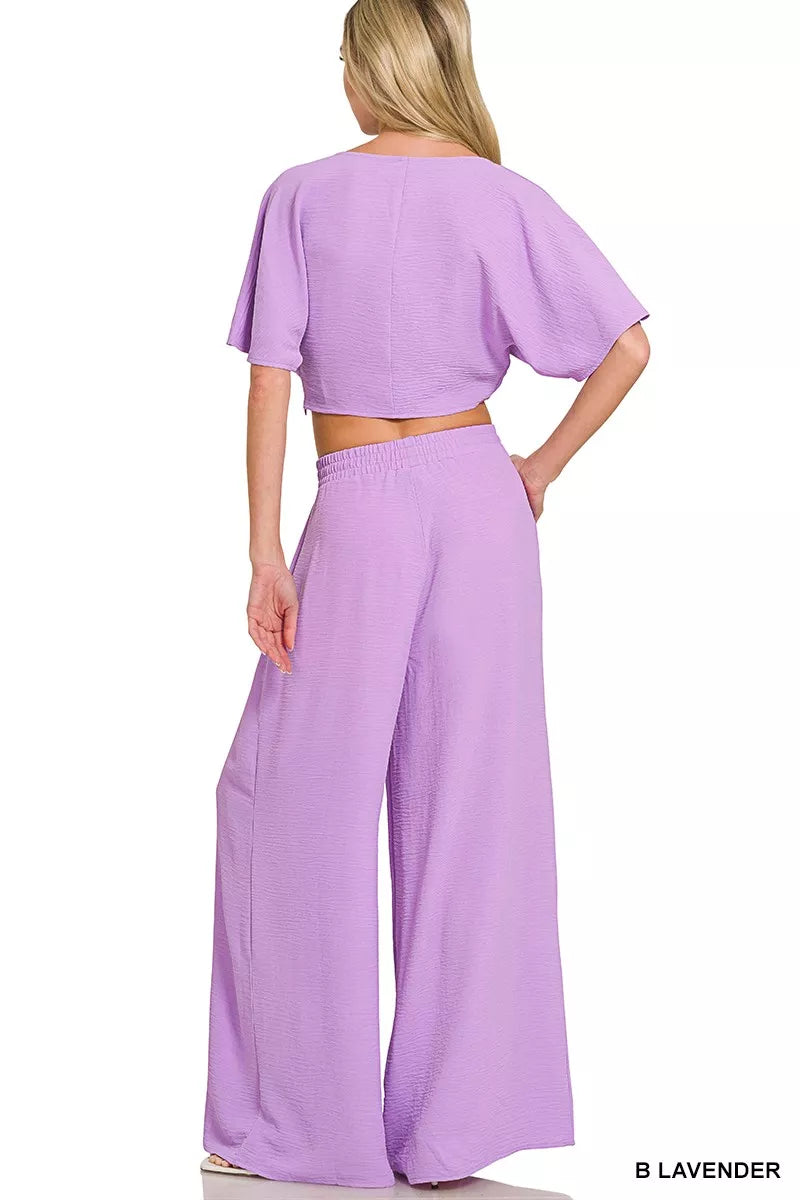 Back view of Riviera lavender two-piece pants set for resort styling