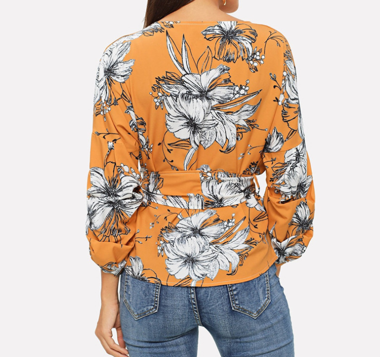 Amazon Explosion Digital Printed Belt Lantern Sleeve Blouse Shirt