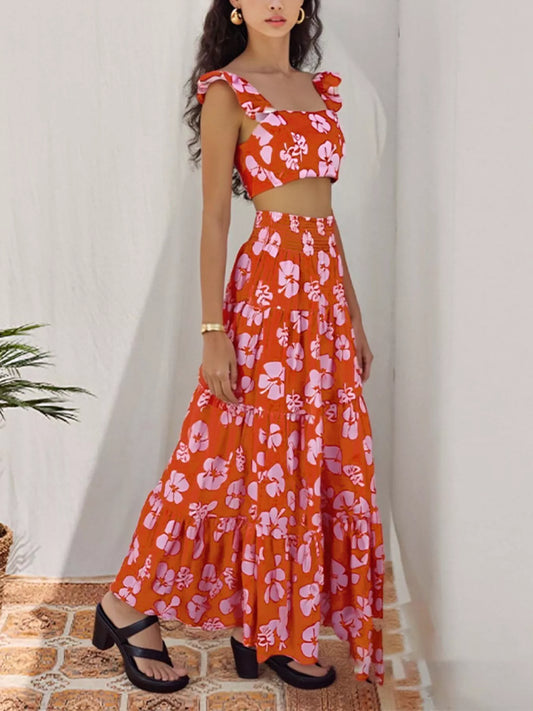 Amalfi orange-red ruffled crop top and tiered maxi skirt resort set for women