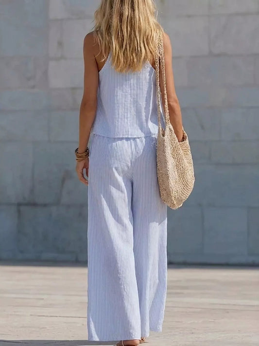 Women’s blue striped two-piece resort set with V-neck tank and wide-leg pants