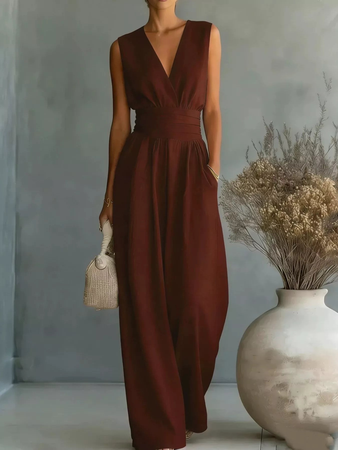 Wine sleeveless wide-leg jumpsuit for resort evenings