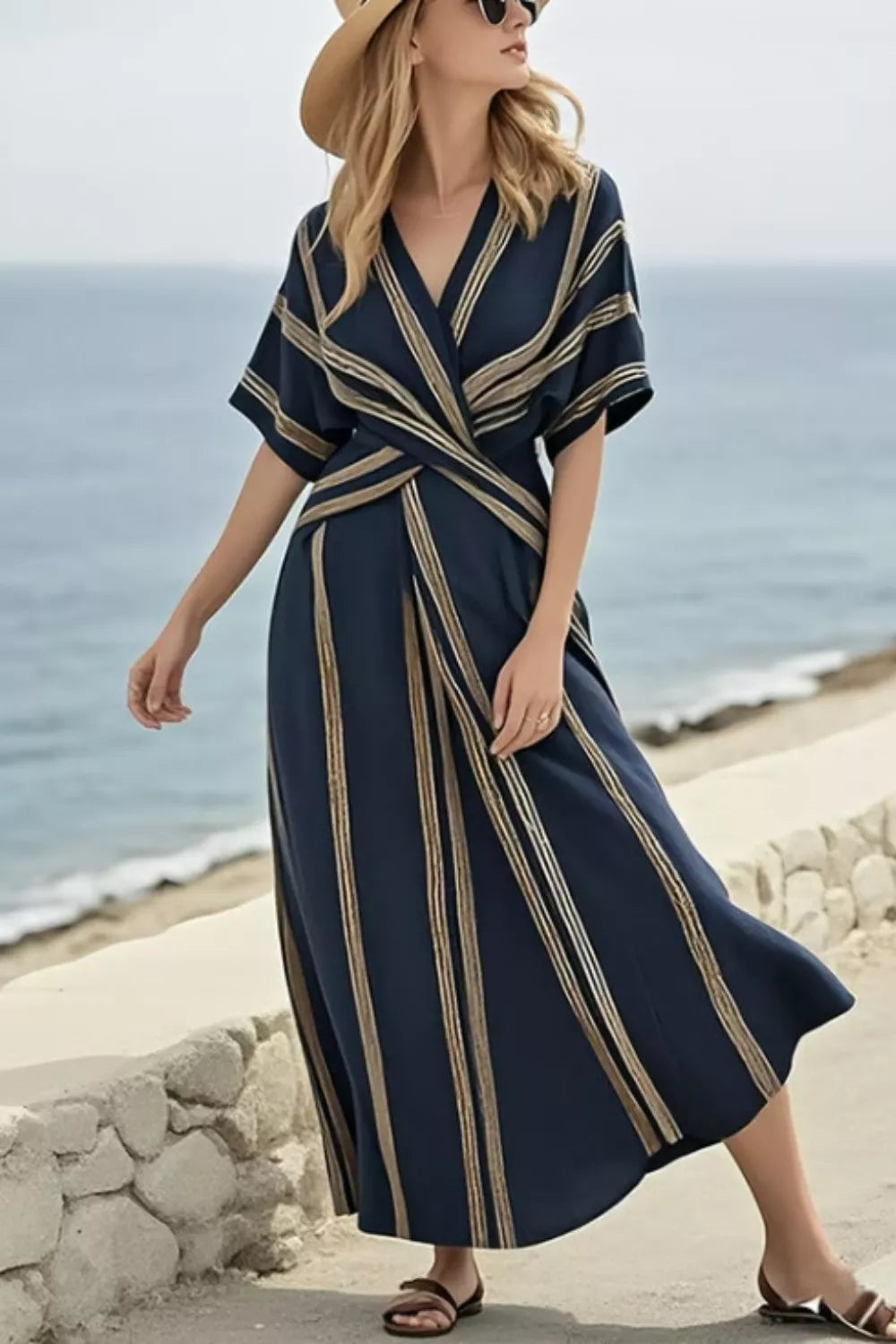 Dark navy striped wrap maxi dress for coastal vacations