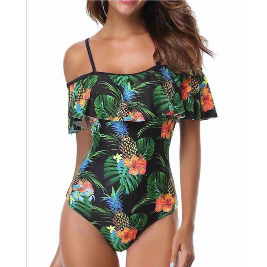 One-shoulder Printed Lotus Leaf Swimsuit Off-shoulder Triangle One-piece Swimsuit