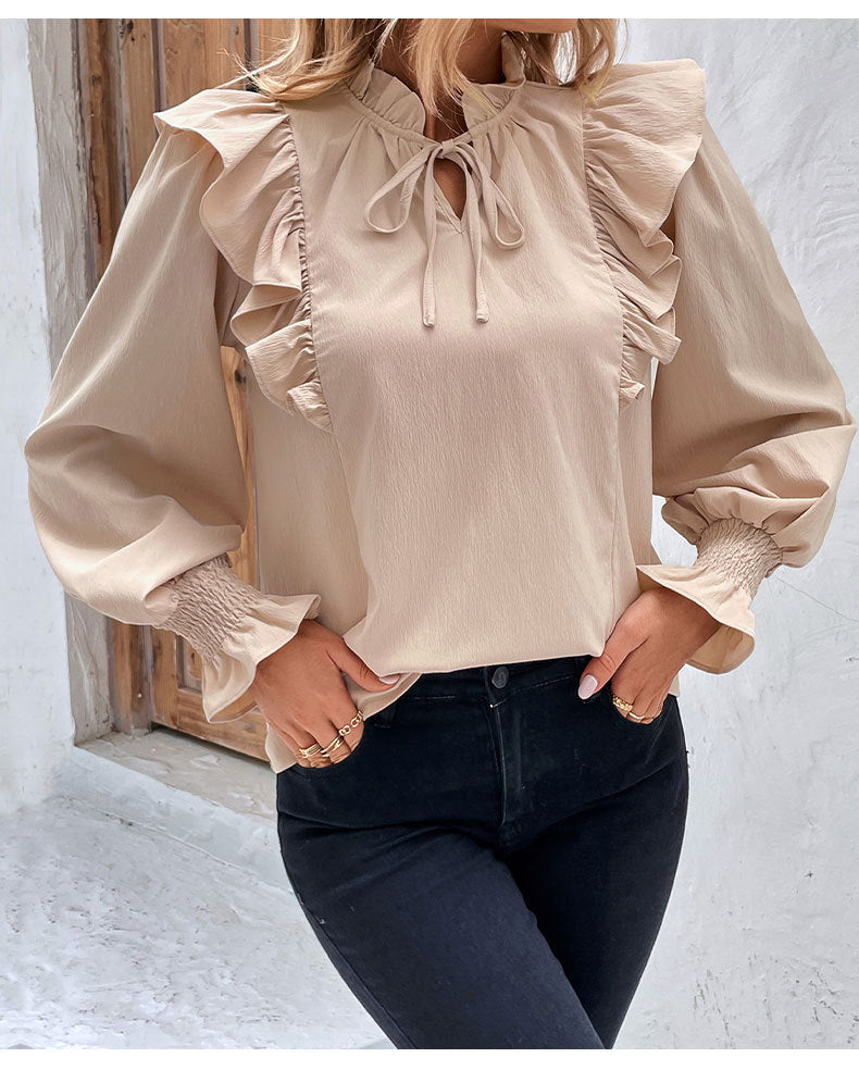 Ruffled Long Sleeve Solid Color Blouse Lady