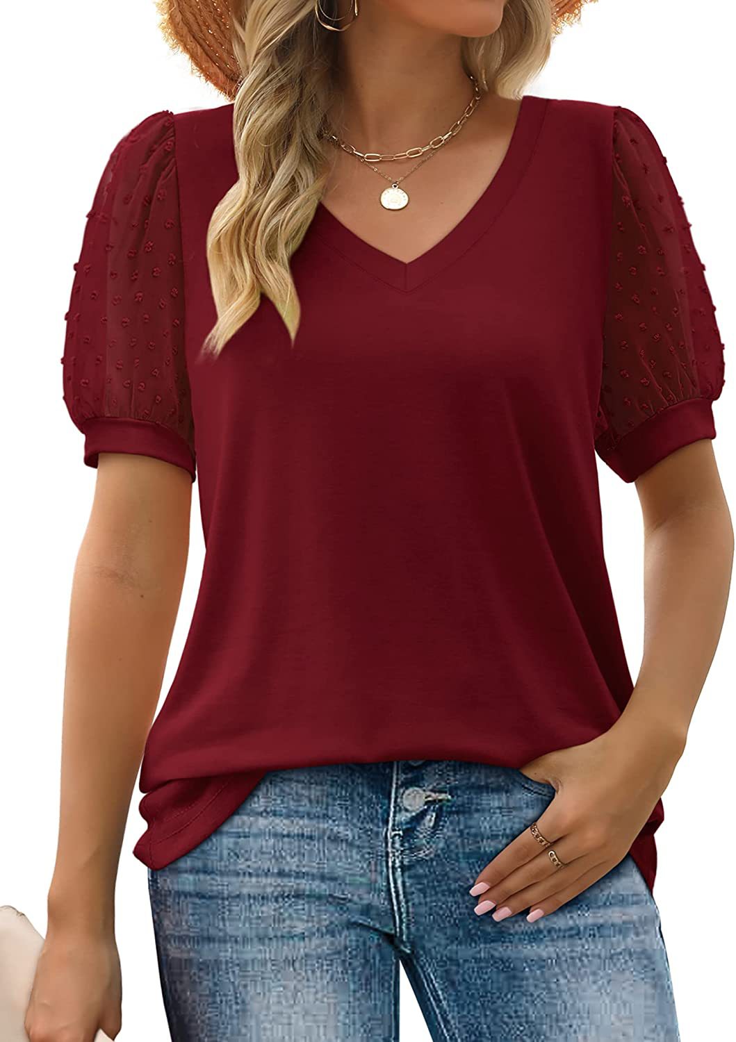 Women's Fashion Solid Color V-neck Mesh Bubble Sleeve Blouse