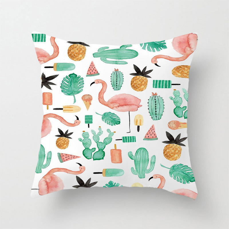 Green Plant Peach Skin Print Linen Pillow Cover