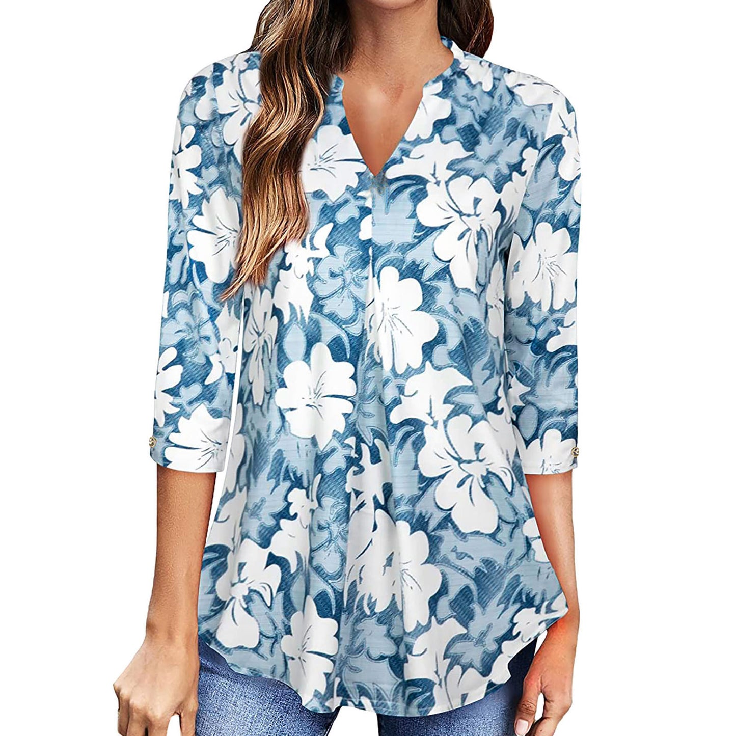 Flowers Print Tops V Neck Long Sleeve Flowers Print Shirt Women Blouse