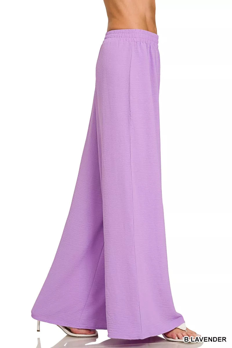 Side view of lavender wide-leg pants set for vacation and cruise wear