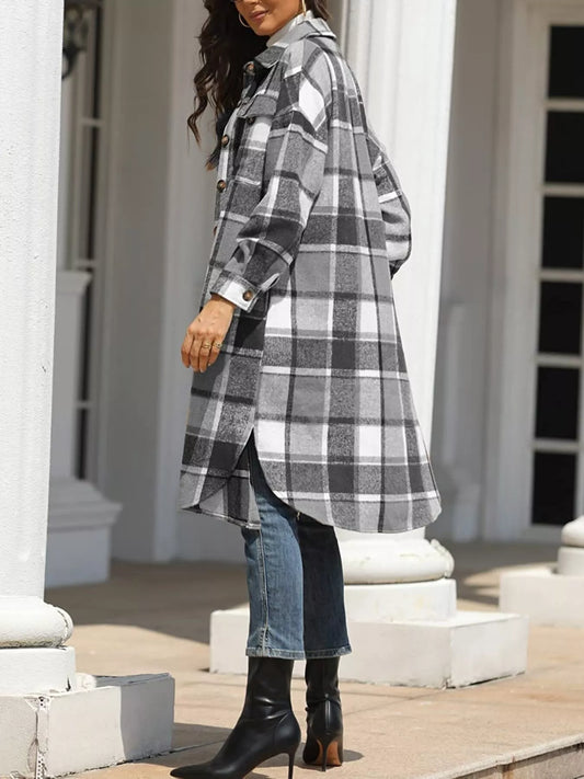 Side view of Aspen plaid coat styled with jeans and boots