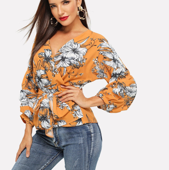 Amazon Explosion Digital Printed Belt Lantern Sleeve Blouse Shirt