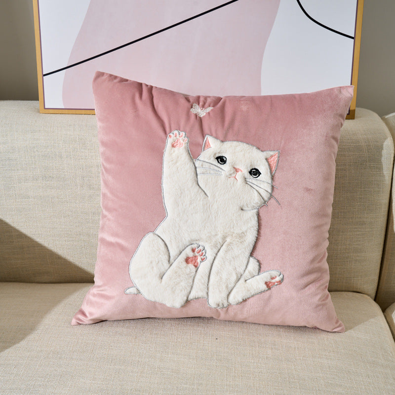 Rabbit Embroidered Velvet Plush Sofa Pillow Cover